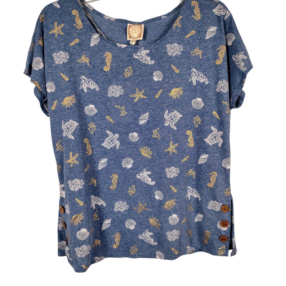NWT Womens S Tru Self Sea Turtle Shell Top Blue Linen Blend Coastal Beachy